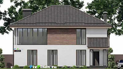 Проект двухэтажного дома 12 на 14, площадью 250 м² с балконом, баней и 4 спальнями — фасад 3