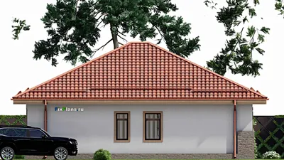 Проект одноэтажного дома 12 на 13, площадью 120 м² с террасой и 3 спальнями — фасад 5