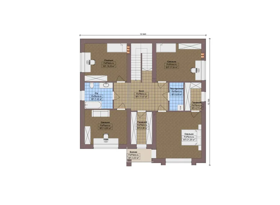 Проект двухэтажного дома 13 на 17, площадью 250 м² с террасой, балконом и 5 спальнями — 2-й этаж