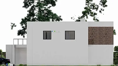 Проект двухэтажного дома 21 на 22, площадью 530 м² с террасой, балконом, гаражом на 1 машину и 6 спальнями — фасад 5
