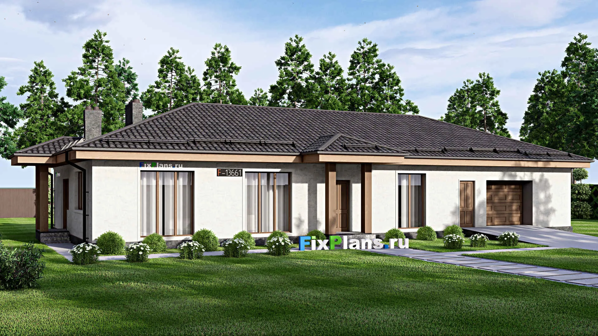 F-13661 - Проект одноэтажного дома 12 на 24, площадью 190 м² с гаражом на 2 машины и 3 спальнями