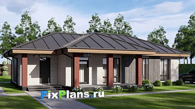 Проект одноэтажного дома 11 на 17, площадью 120 м² с террасой и 2 спальнями