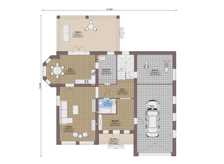 Проект двухэтажного дома 19 на 20, площадью 360 м² с террасой, гаражом на 2 машины и 3 спальнями — 1-й этаж