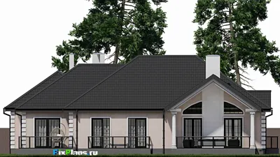Проект одноэтажного дома 18 на 21, площадью 280 м² с террасой, гаражом на 2 машины и 1 спальнями — фасад 3