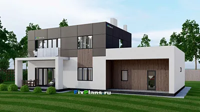 Проект двухэтажного дома 11 на 19, площадью 230 м² с террасой, балконом, гаражом на 2 машины и 4 спальнями — фасад 2