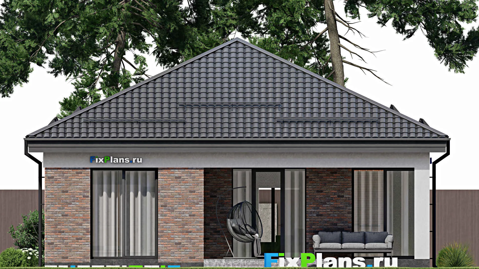 F-2132 - Проект одноэтажного дома 12 на 12, площадью 110 м² с террасой и 2 спальнями