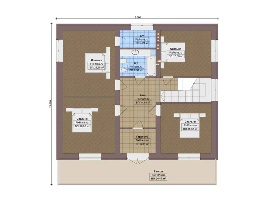 Проект двухэтажного дома 14 на 14, площадью 270 м² с террасой, балконом и 5 спальнями — 2-й этаж