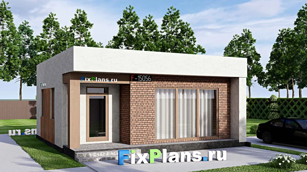 Проект бани 9 на 9, площадью 60 м² с комнатой отдыха и терассой — фасад 1