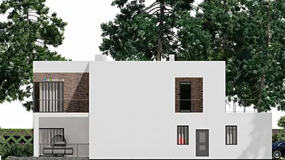 Проект двухэтажного дома 21 на 22, площадью 530 м² с террасой, балконом, гаражом на 1 машину и 6 спальнями — фасад 4