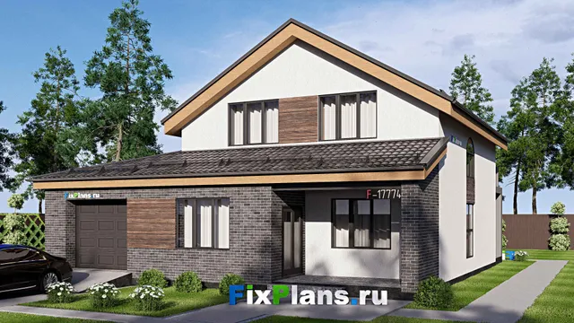 Проект дома с мансардой 14 на 16, площадью 270 м² с террасой, балконом, гаражом на 1 машину и 4 спальнями