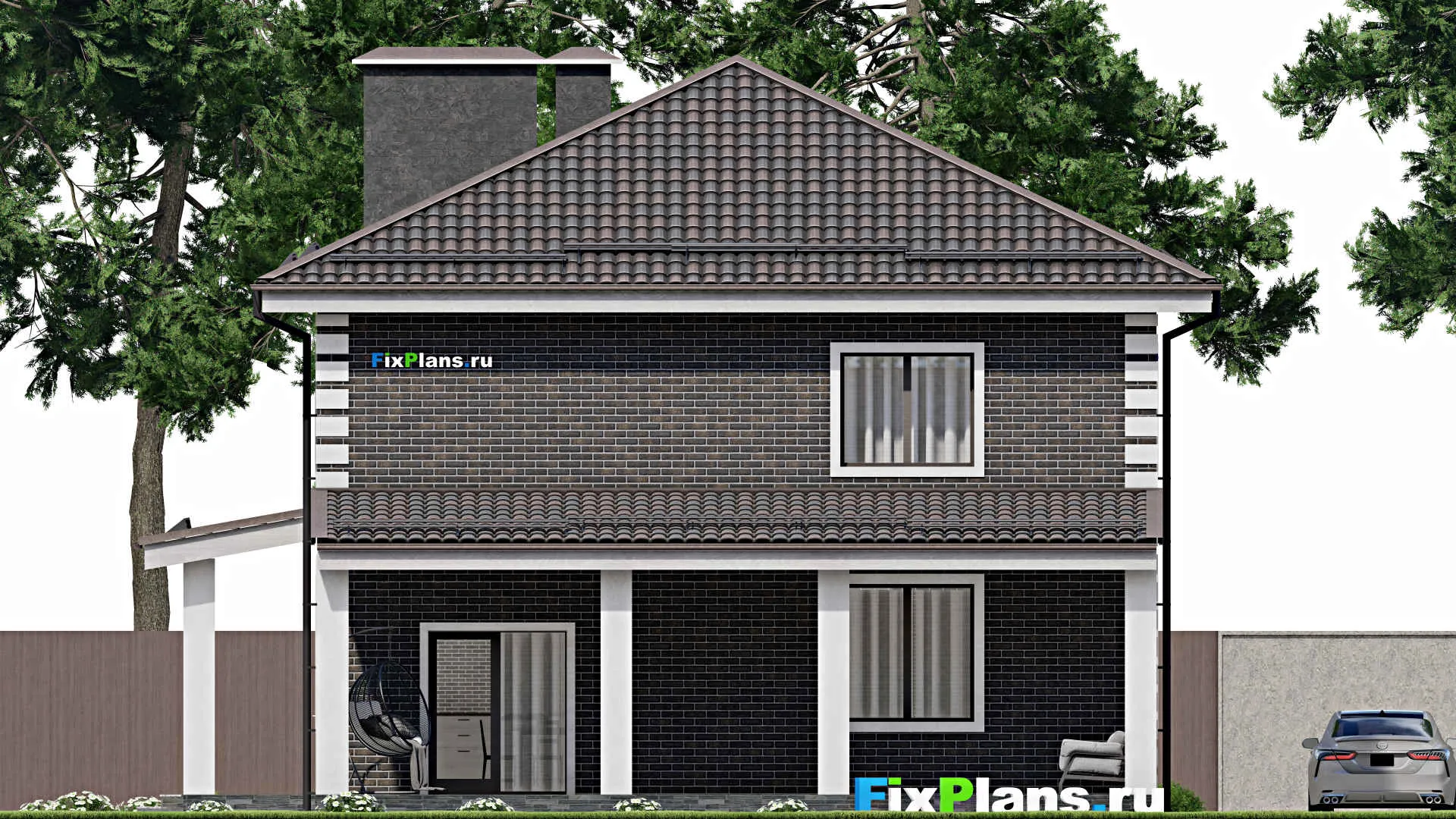 F-6056 - Проект двухэтажного дома 11 на 13, площадью 240 м² с террасой и 4 спальнями