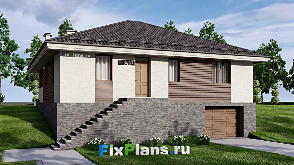 Проект двухэтажного дома 13 на 16, площадью 260 м² с террасой, цокольным этажом, гаражом на 1 машину и 3 спальнями — фасад 1