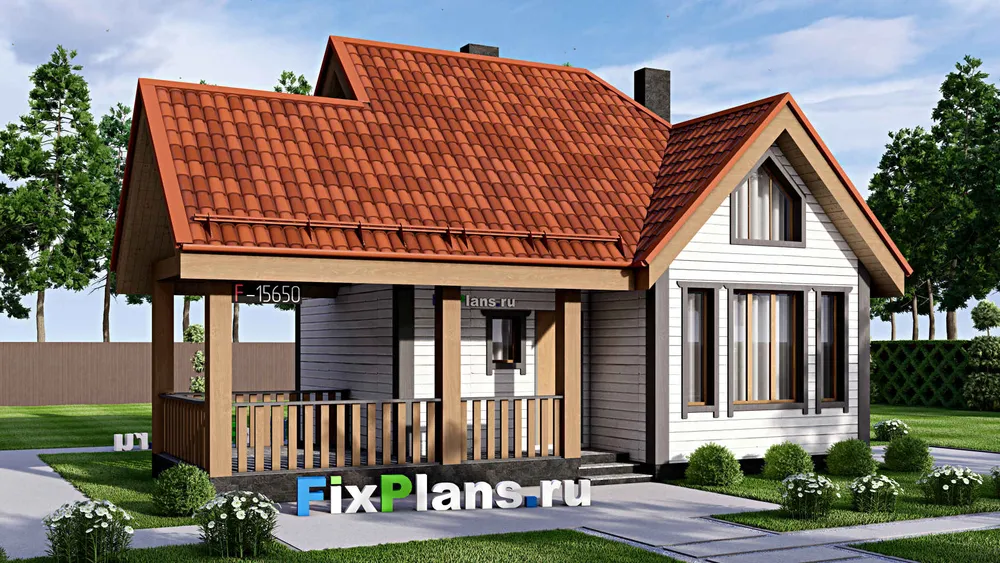 Проект бани 8 на 12, площадью 110 м² с комнатой отдыха, терассой, мансардой, санузлом и спальней — фасад 1