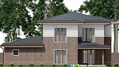 Проект двухэтажного дома 16 на 18, площадью 250 м² с террасой, баней, гаражом на 2 машины и 4 спальнями — фасад 6