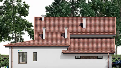 Проект дома с мансардой 16 на 18, площадью 300 м² с террасой, баней, гаражом на 1 машину и 4 спальнями — фасад 4