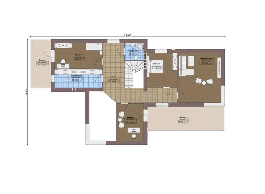 Проект двухэтажного дома 19 на 24, площадью 480 м² с террасой, балконом, гаражом на 2 машины и 3 спальнями — 2-й этаж