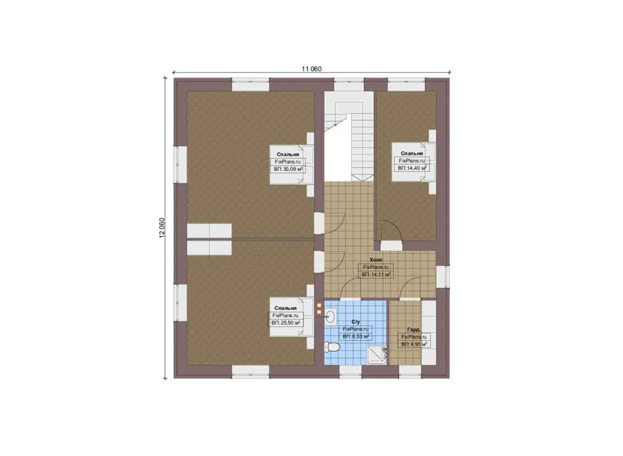Проект двухэтажного дома 14 на 21, площадью 280 м² с террасой, гаражом на 2 машины и 4 спальнями — 2-й этаж