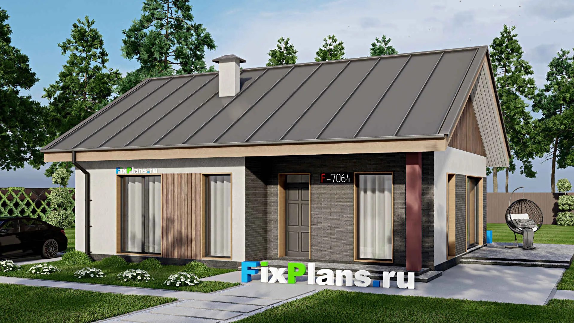 F-7064 - Проект одноэтажного дома 11 на 14, площадью 120 м² с террасой и 2 спальнями