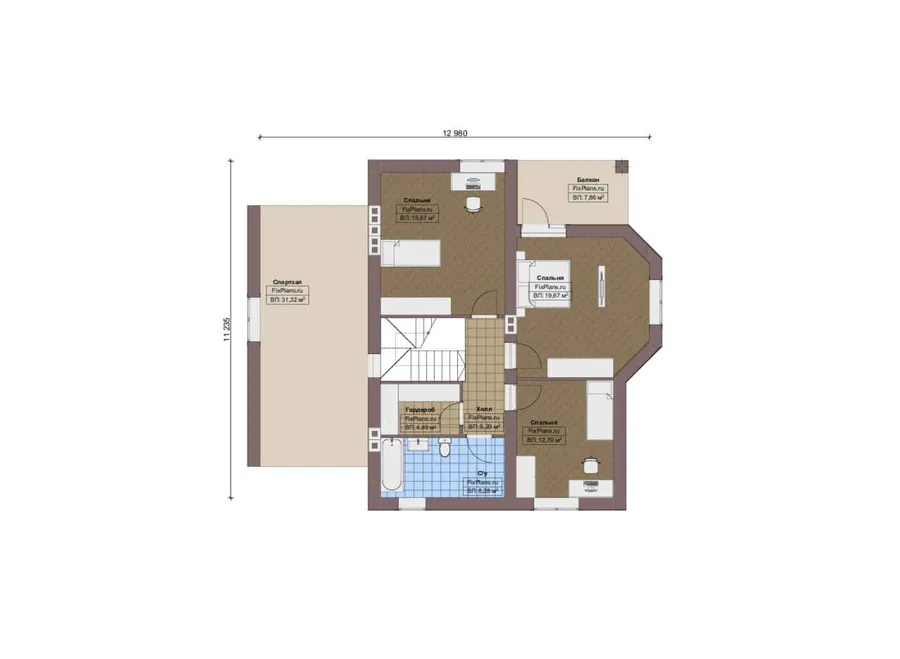 Проект дома с мансардой 14 на 16, площадью 250 м² с террасой, балконом, гаражом на 1 машину, спортзалом и 4 спальнями — 2-й этаж