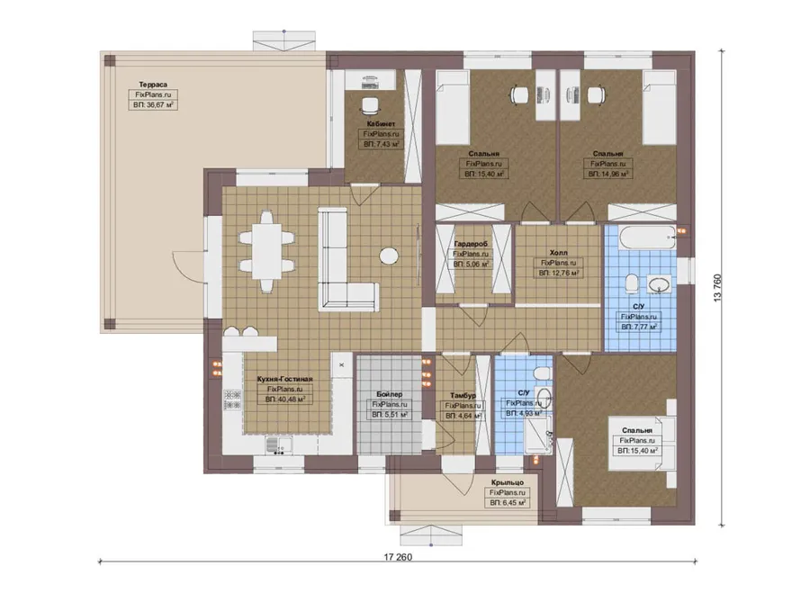 Проект одноэтажного дома 14 на 18, площадью 180 м² с террасой и 3 спальнями — 1-й этаж