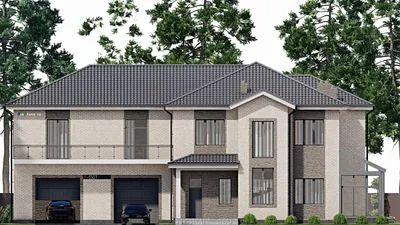 Проект двухэтажного дома 17 на 25, площадью 500 м² с террасой, балконом, гаражом на 2 машины и 4 спальнями — фасад 3