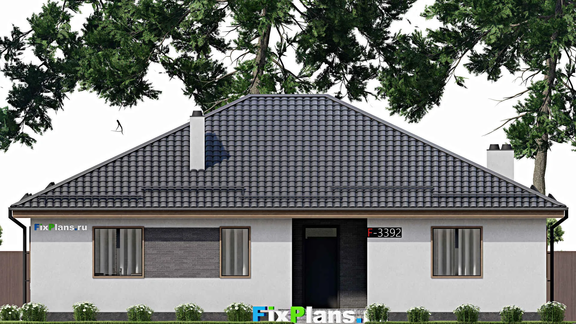 F-3392 - Проект одноэтажного дома 13 на 16, площадью 160 м² с террасой и 3 спальнями