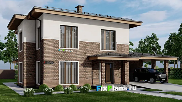 Проект двухэтажного дома 16 на 18, площадью 250 м² с террасой, баней, гаражом на 2 машины и 4 спальнями
