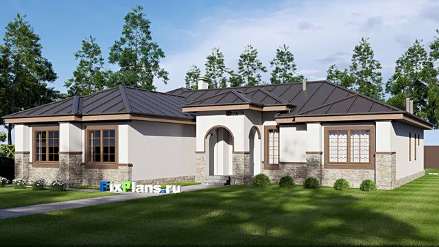Проект одноэтажного дома 22 на 23, площадью 250 м² с спортзалом и 2 спальнями