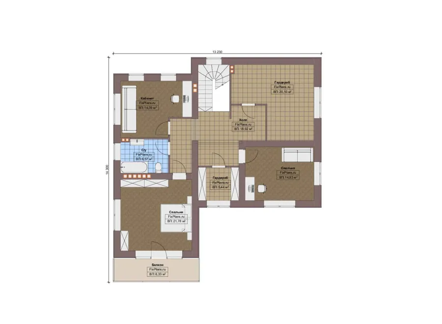 Проект двухэтажного дома 17 на 18, площадью 270 м² с террасой, балконом, гаражом на 2 машины и 3 спальнями — 2-й этаж