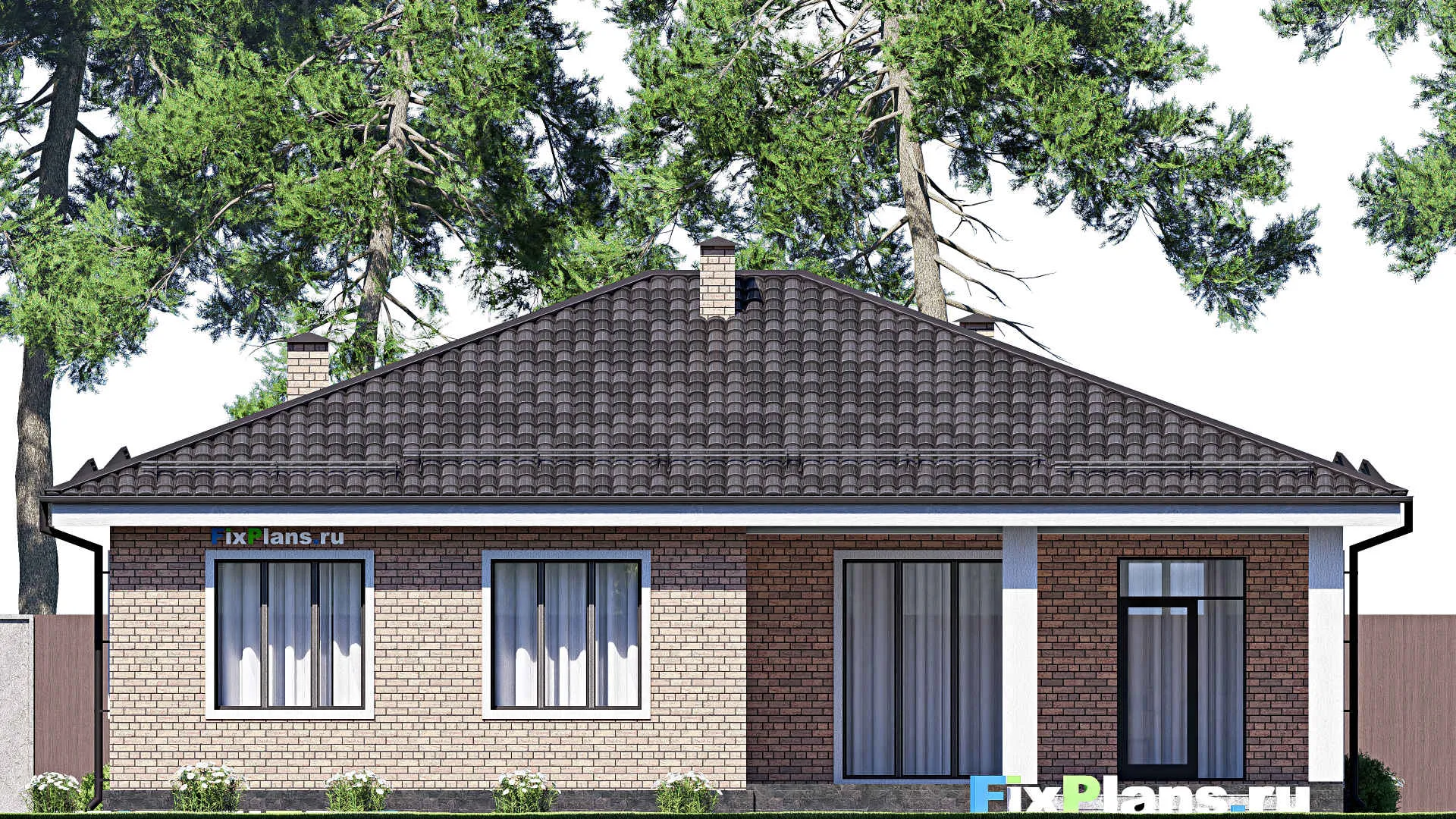 F-17792 - Проект одноэтажного дома 15 на 15, площадью 160 м² с террасой и 3 спальнями