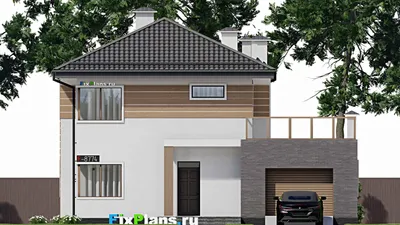 Проект двухэтажного дома 14 на 18, площадью 270 м² с террасой, балконом, гаражом на 1 машину и 4 спальнями — фасад 3