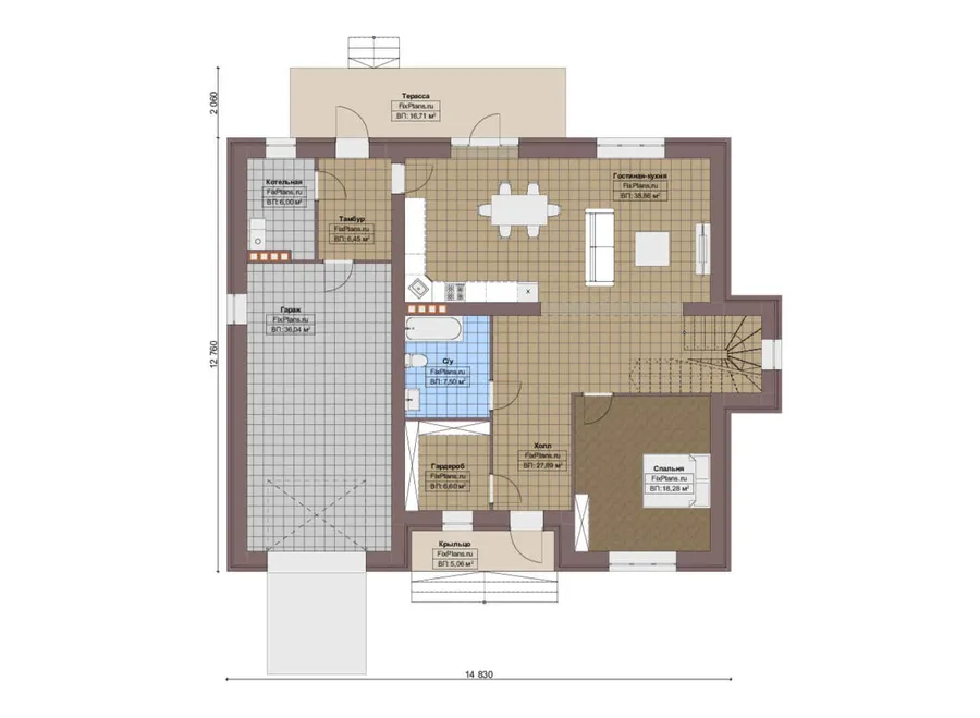 Проект двухэтажного дома 13 на 15, площадью 270 м² с террасой, балконом, гаражом на 2 машины и 5 спальнями — 1-й этаж