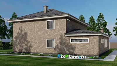 Проект двухэтажного дома 17 на 18, площадью 370 м² с террасой, балконом, баней, гаражом на 1 машину, бассейном и 4 спальнями — фасад 2