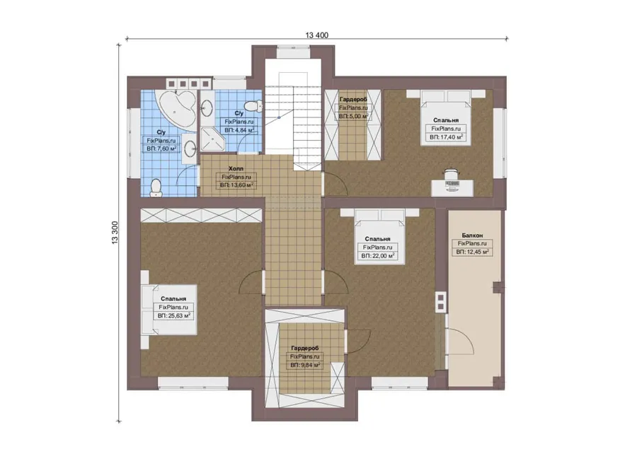 Проект двухэтажного дома 14 на 15, площадью 270 м² с террасой, балконом и 4 спальнями — 2-й этаж