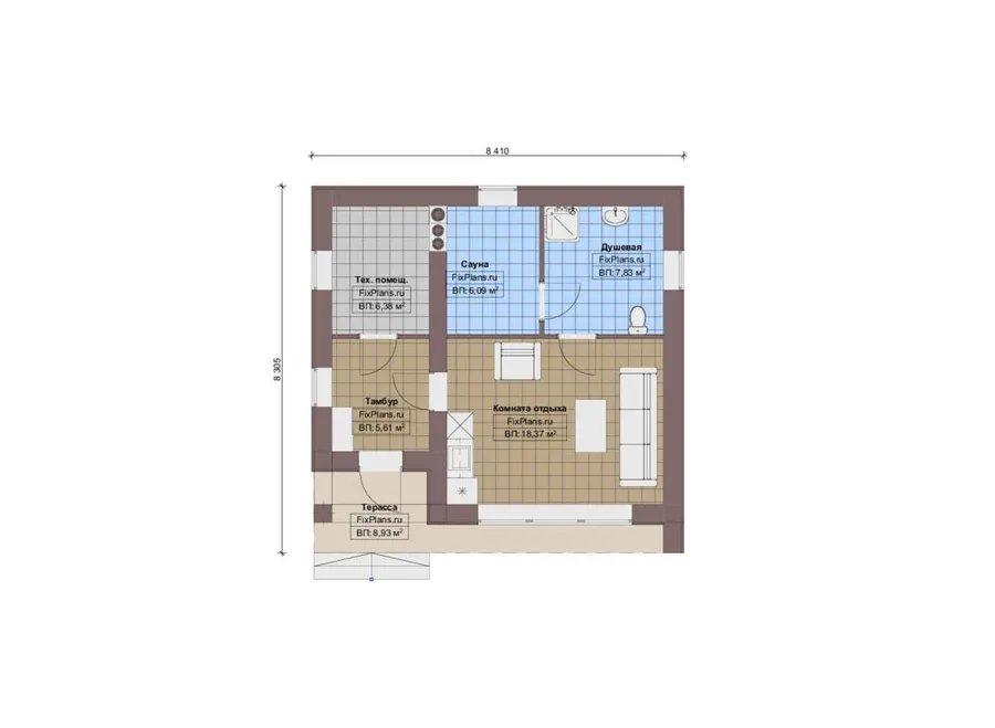 Проект бани 9 на 9, площадью 60 м² с комнатой отдыха и терассой — 1-й этаж