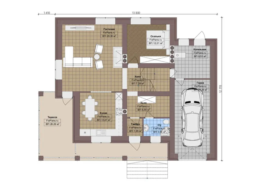 Проект дома с мансардой 13 на 14, площадью 250 м² с террасой, балконом, гаражом на 1 машину, спортзалом и 4 спальнями — 1-й этаж