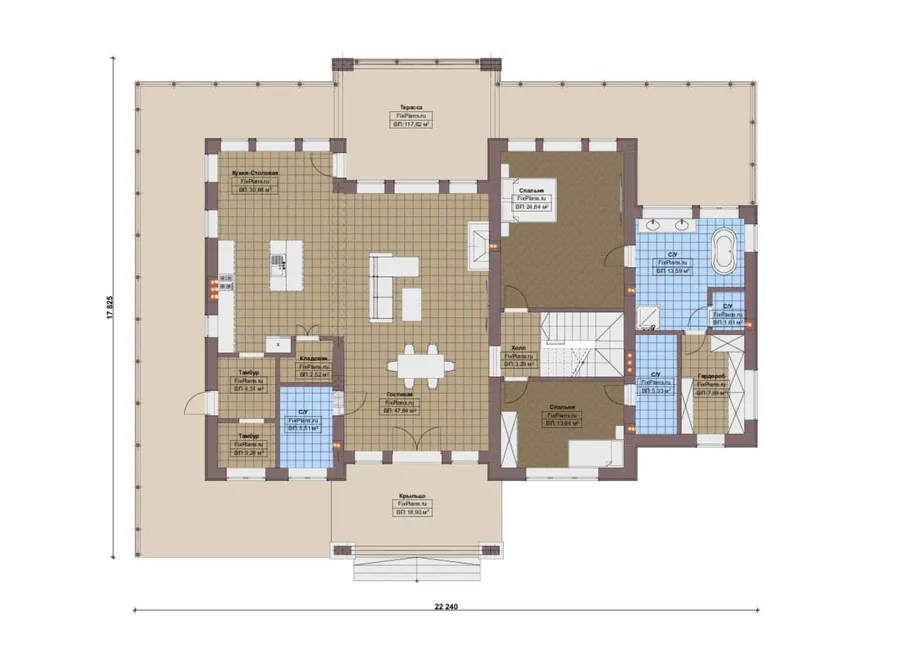 Проект одноэтажного дома 18 на 23, площадью 570 м² с террасой, цокольным этажом, гаражом на 2 машины и 3 спальнями — 2-й этаж