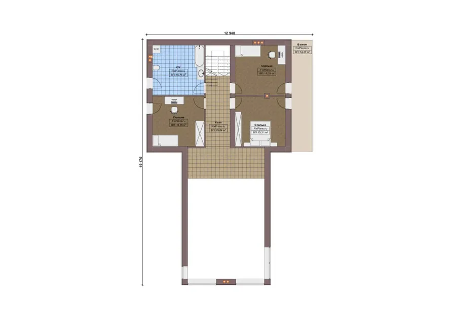 Проект дома с мансардой 16 на 22, площадью 350 м² с террасой, балконом и 4 спальнями — 2-й этаж