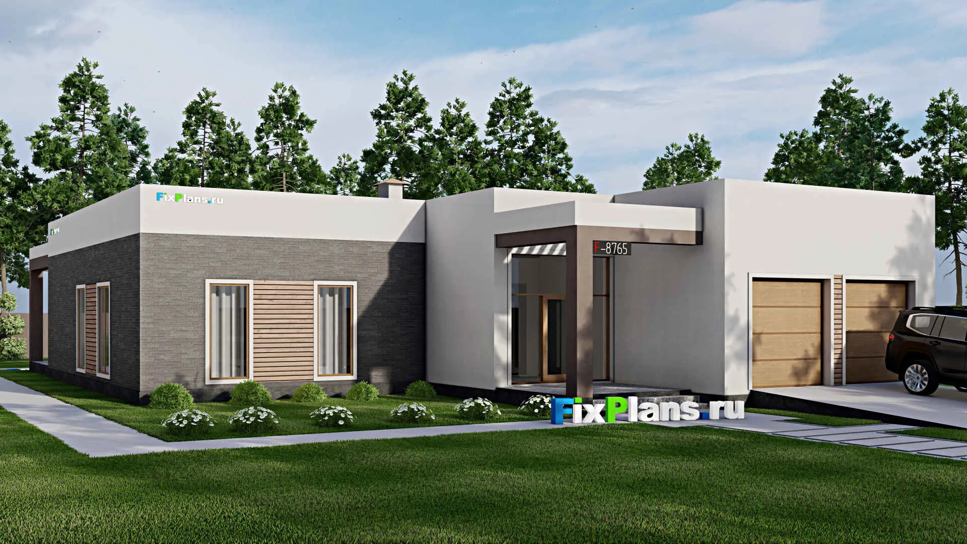 F-8765 - Проект одноэтажного дома 18 на 25, площадью 330 м² с террасой, гаражом на 2 машины и 3 спальнями