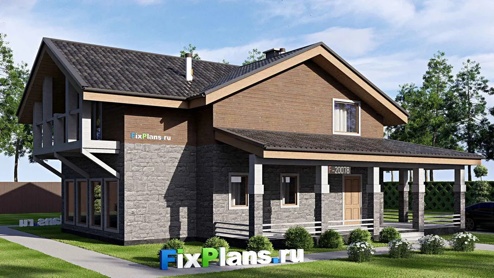 Проект дома с мансардой 15 на 15, площадью 260 м² с террасой, балконом и 3 спальнями — фасад 1