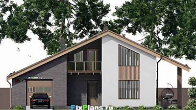 Проект дома с мансардой 12 на 16, площадью 190 м² с террасой, балконом, гаражом на 1 машину и 4 спальнями — фасад 3