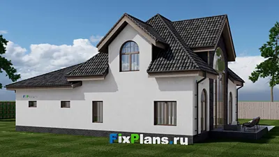 Проект дома с мансардой 12 на 16, площадью 190 м² с террасой, гаражом на 1 машину и 2 спальнями — фасад 2