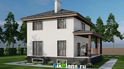 Проект двухэтажного дома 11 на 11, площадью 190 м² с террасой, цокольным этажом и 5 спальнями — фасад 2