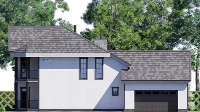 Проект двухэтажного дома 16 на 21, площадью 280 м² с террасой, балконом, гаражом на 2 машины и 4 спальнями — фасад 5