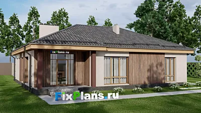 Проект одноэтажного дома 15 на 16, площадью 150 м² с террасой, гаражом на 1 машину и 2 спальнями — фасад 2