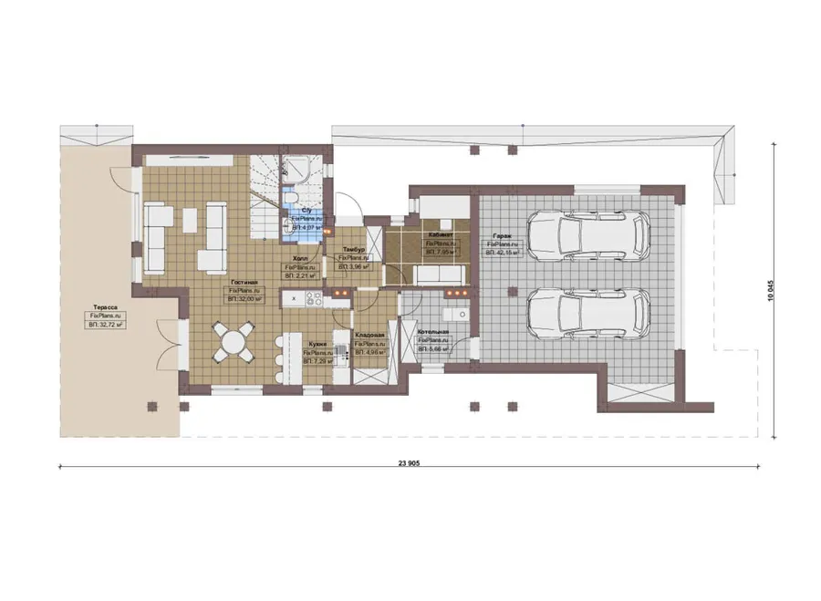 Проект двухэтажного дома 11 на 24, площадью 280 м² с террасой, балконом, гаражом на 2 машины и 3 спальнями — 1-й этаж