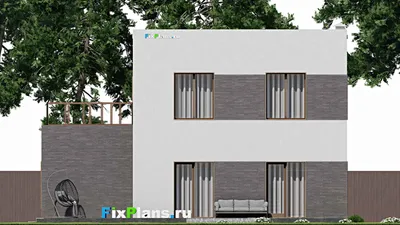 Проект двухэтажного дома 14 на 14, площадью 240 м² с террасой, балконом, гаражом на 1 машину и 3 спальнями — фасад 6