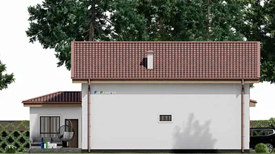 Проект дома с мансардой 14 на 16, площадью 260 м² с террасой, баней и 3 спальнями — фасад 4