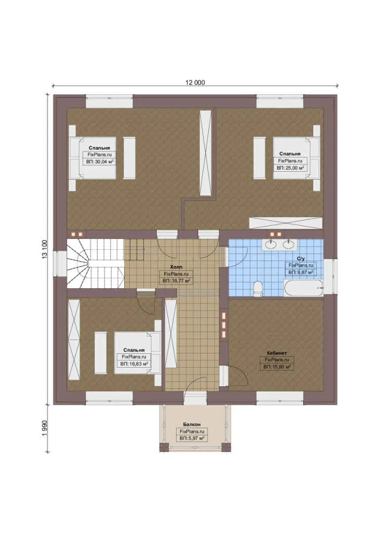 Проект двухэтажного дома 12 на 14, площадью 290 м² с террасой, балконом и 4 спальнями — 2-й этаж