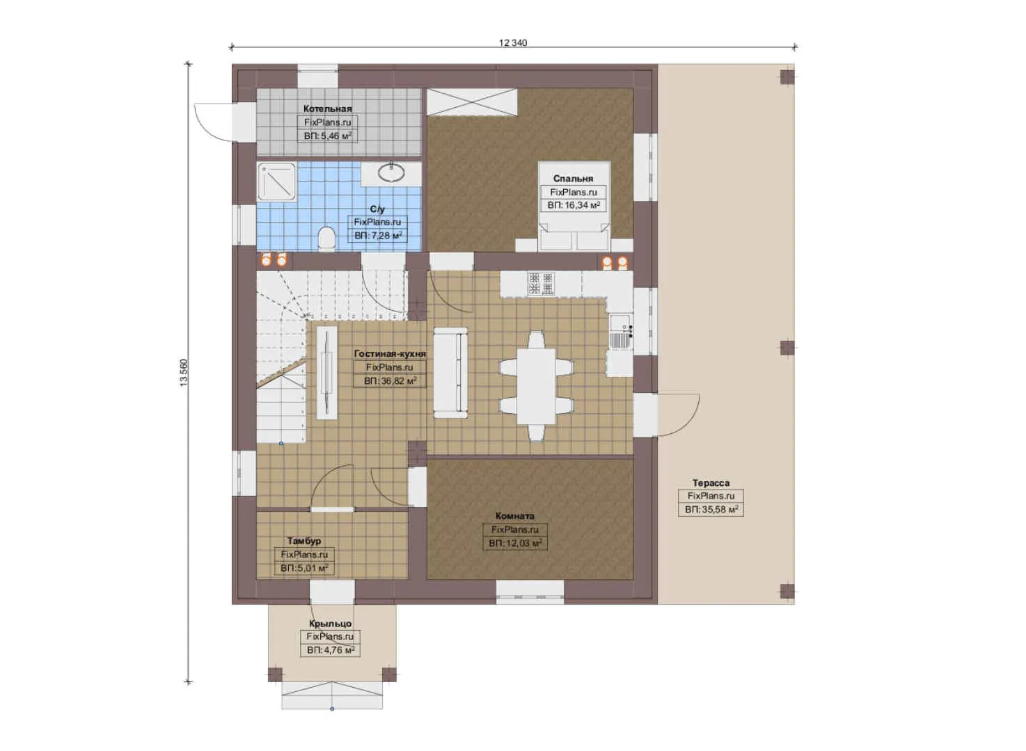 F-14471 - План одноэтажного дома 13 на 14, площадью 200 м² с террасой и 5 спальнями